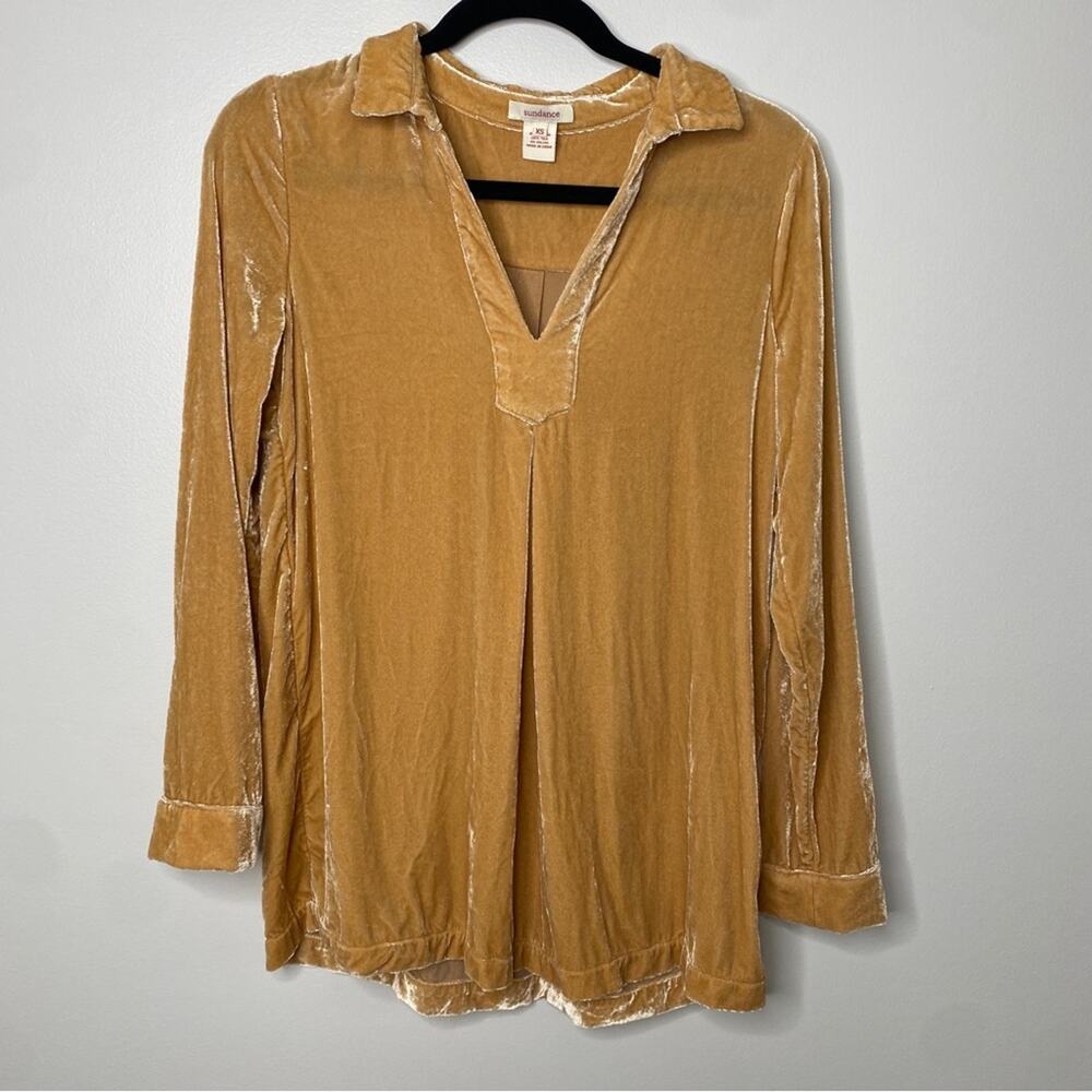 Sundance Silk Yellow Velvet Collar Notched Neck Long-Sleeved Top XS Bohemian